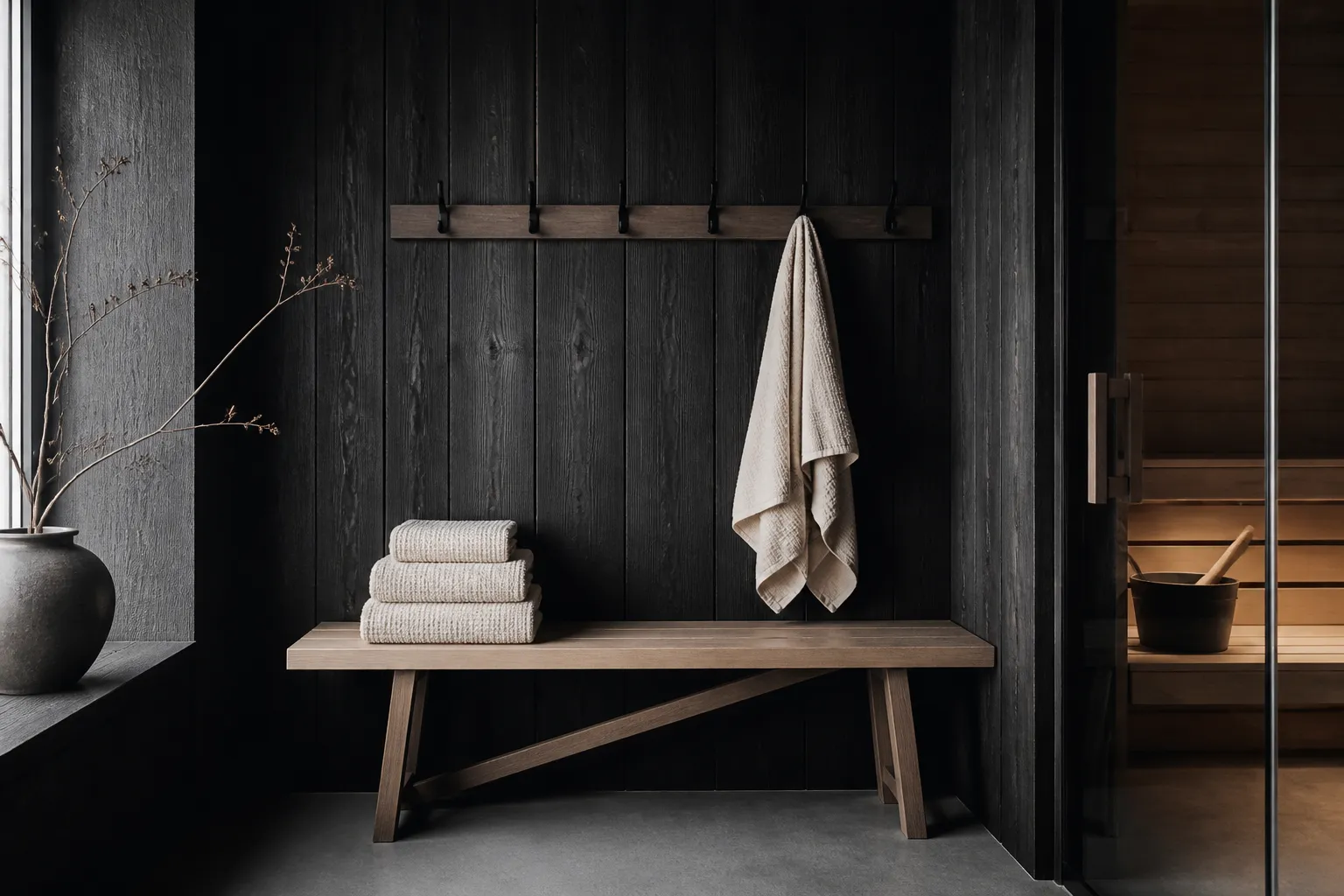 Omklædning med håndklæder og bænk hos La Sauna