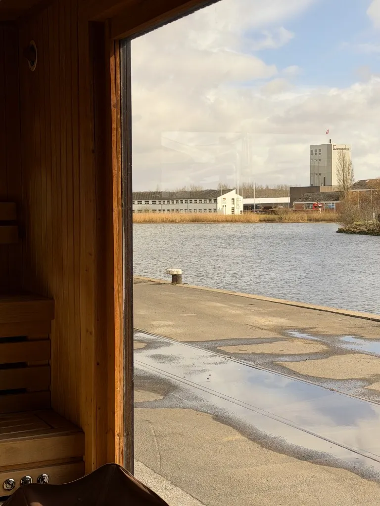 Udsigt fra saunaen gennem vinduet mod havnen i Randers med vand, siv og kaj