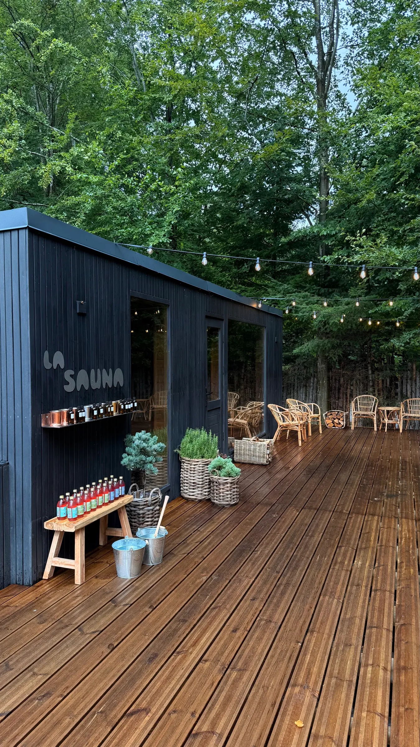 Saunakabinen og terrassen med kurvestole mellem træerne i Silkeborg